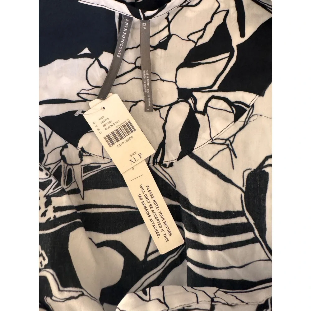 Anthropologie Somerset Dress Black White Floral Smocked Petite XL P Cotton Mini - Picture 7 of 8